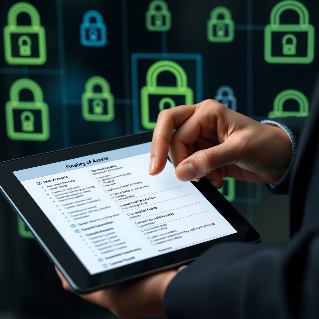 A professional compiling a list of assets on a digital tablet with secure lock symbols in the background, indicating the finalization of asset discovery.