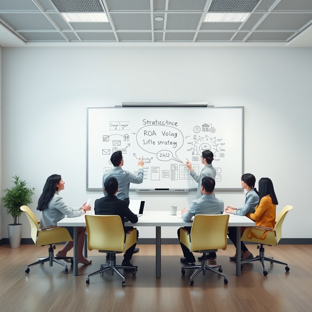 A team of business professionals in a meeting room brainstorming ideas on a whiteboard, symbolizing strategy development for ROA improvement.