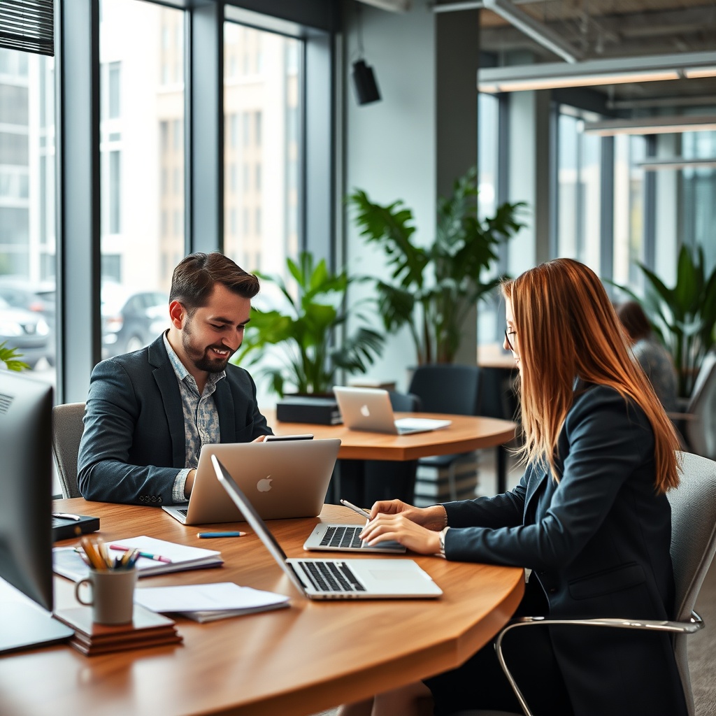 A modern office scene with professionals using digital platforms and technology tools for investor engagement and fundraising strategies.