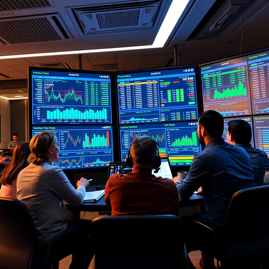 A dynamic team analyzing data and performance metrics on large screens, representing data-driven investor targeting and benchmarking.