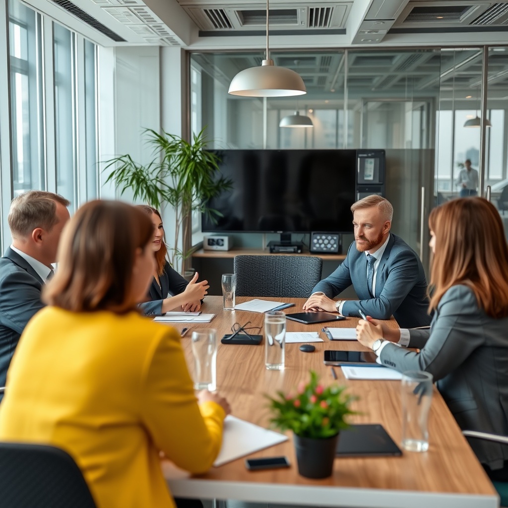 A professional stock photo depicting a strategic meeting in a modern European office, focusing on risk management and compliance strategies in the embedded finance sector.