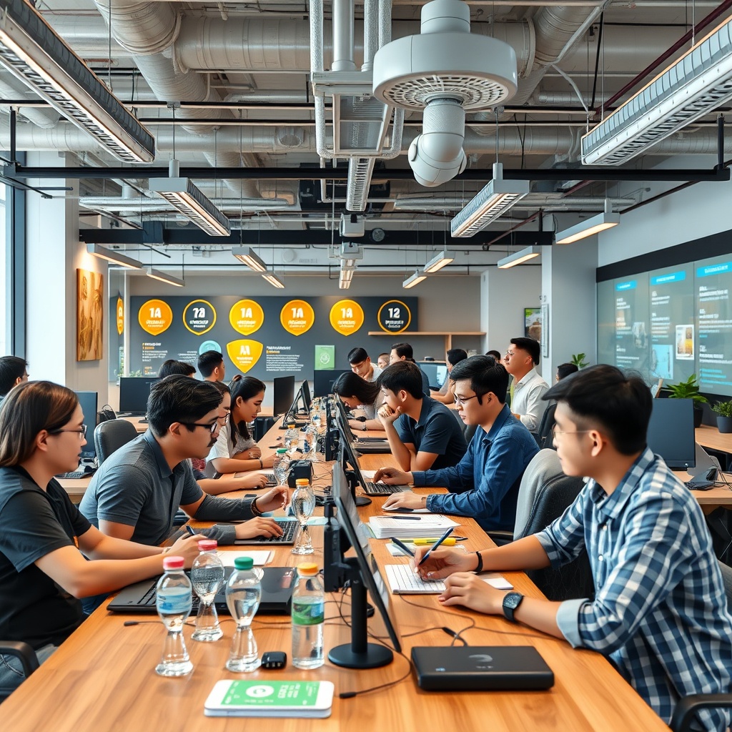 A dynamic scene of a high-tech startup incubator in Thailand, with entrepreneurs and developers collaborating on AI projects, surrounded by modern technology and innovation awards.