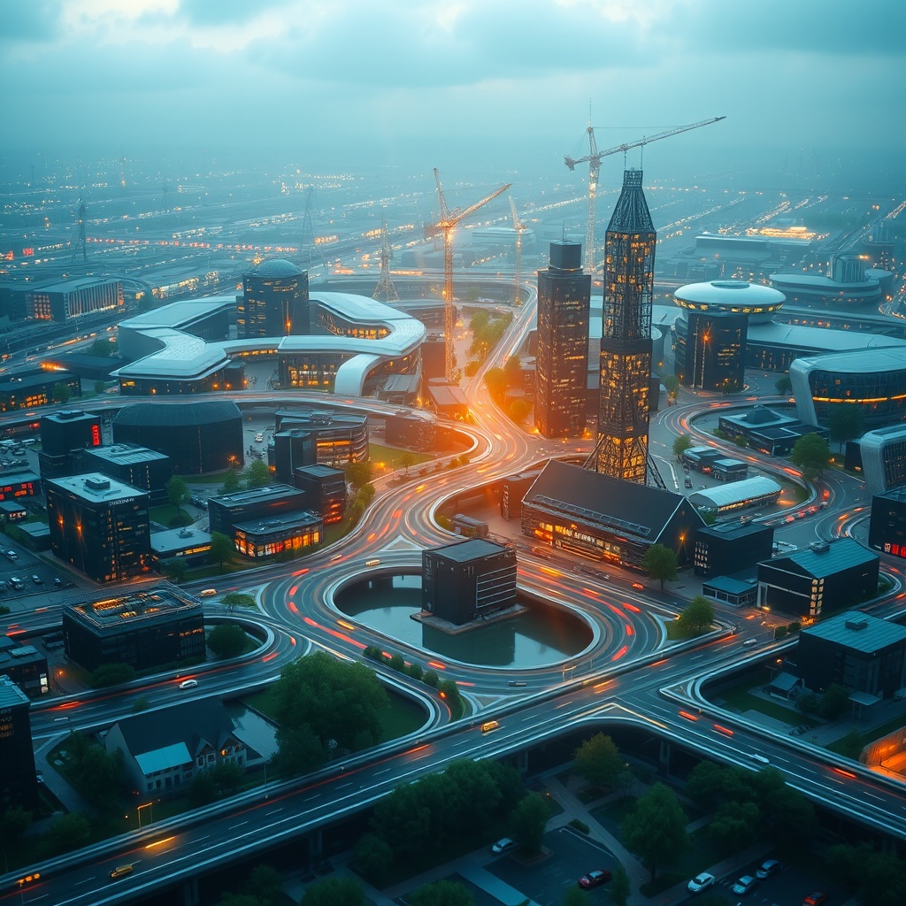 A modern digital infrastructure landscape in the Netherlands showcasing advanced technology and connectivity, symbolizing the current state and future of digital innovation in the country.