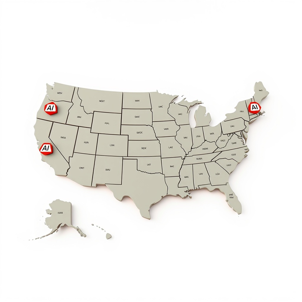 A professional stock photo depicting a divided US map with different AI regulation symbols over various states, illustrating the fragmentation of AI laws across the US.