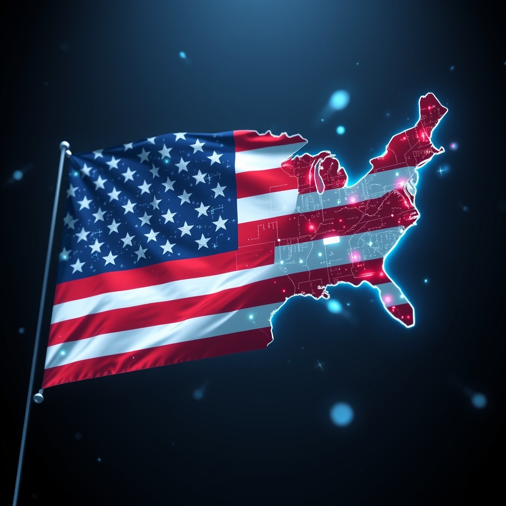 A professional stock photo of a futuristic US flag with digital AI elements integrated, representing the future of AI regulation and national competitiveness.