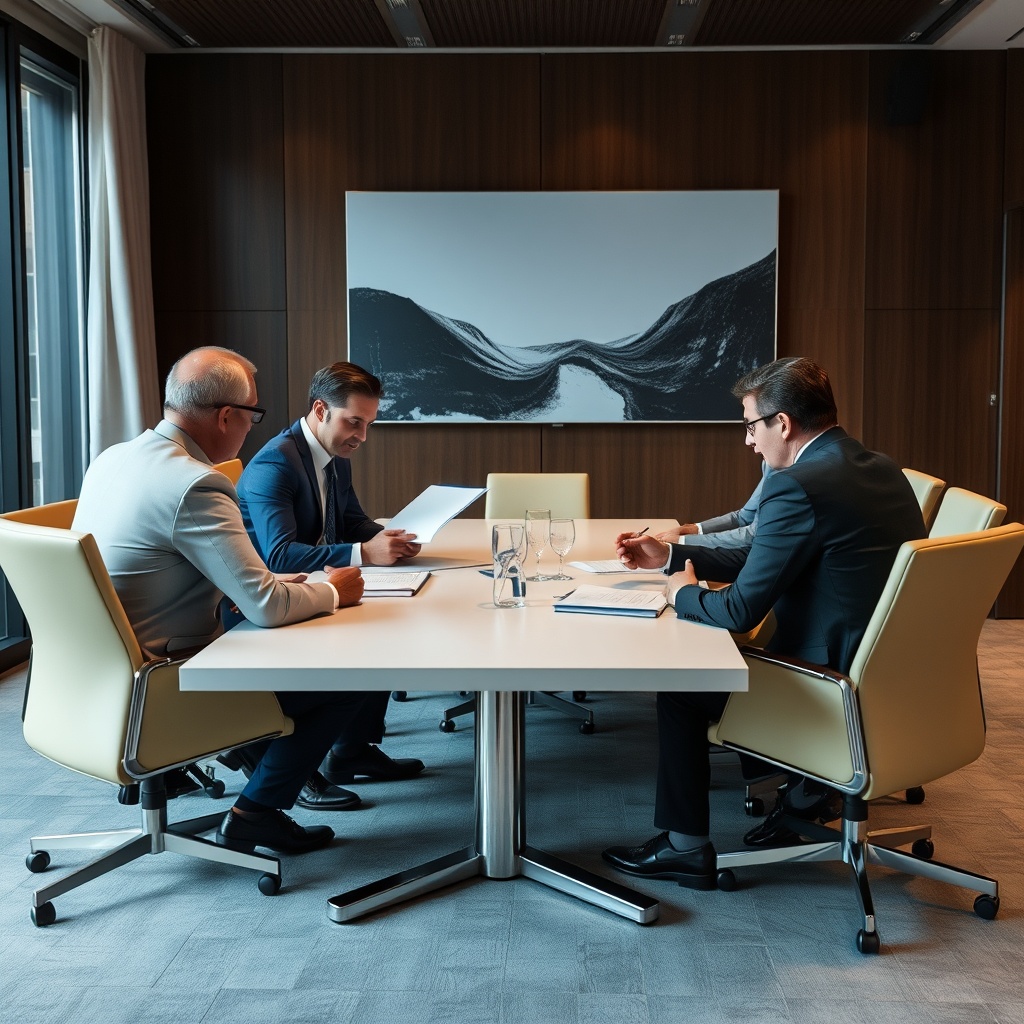 A professional meeting room setting with lawyers and business executives discussing documents, symbolizing negotiations in Fund Formation and Structuring for European LPs.