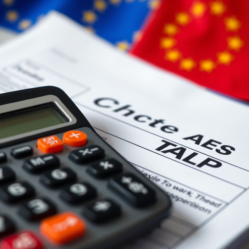 A detailed close-up of a tax document with a calculator and European flags in the background, representing Tax Considerations for European LPs.