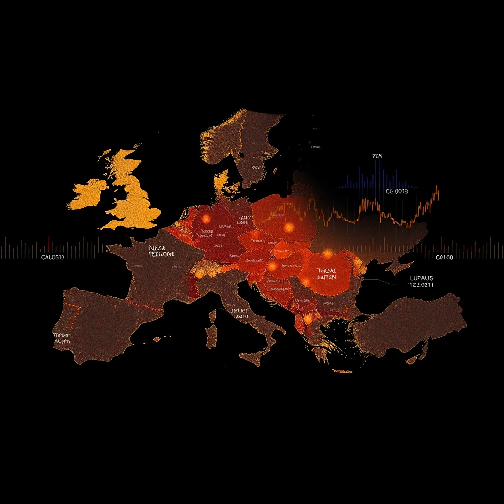 A global map with highlighted European regions and financial graphs overlay, illustrating the Impact of Global Economic Trends on European LPs.