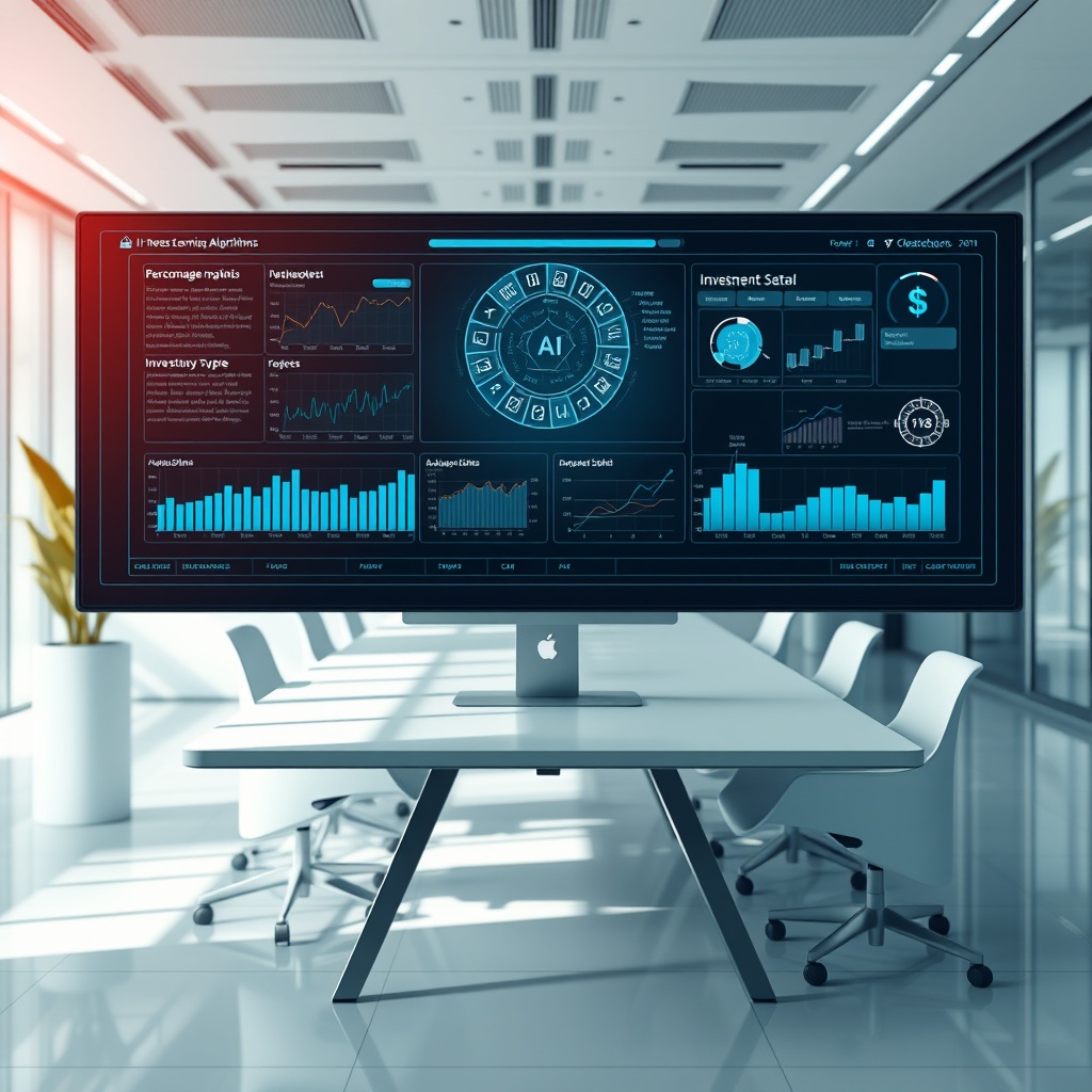 A futuristic digital interface displaying AI and machine learning algorithms analyzing personalized investment strategies, with graphs and data visualizations in a sleek, modern office setting.