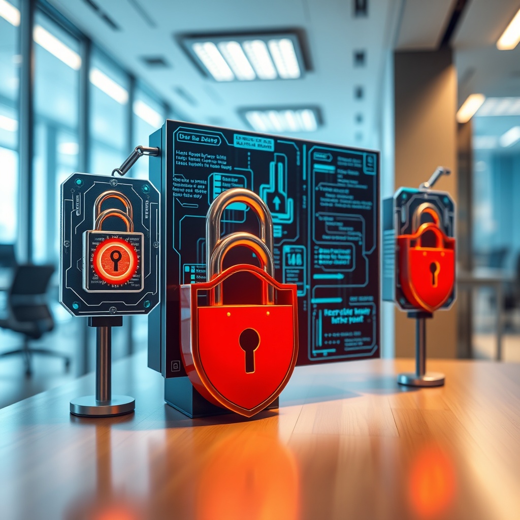 A high-tech cybersecurity setup with digital locks and shields protecting financial data, symbolizing the challenges and solutions in FinTech security within a sleek, professional office.