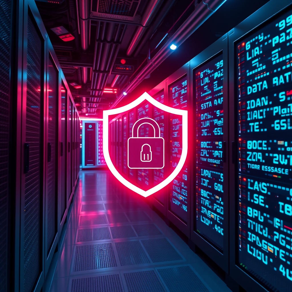 A secure, high-tech data center with servers and encryption symbols, representing data privacy and protection in the neo-banking sector.