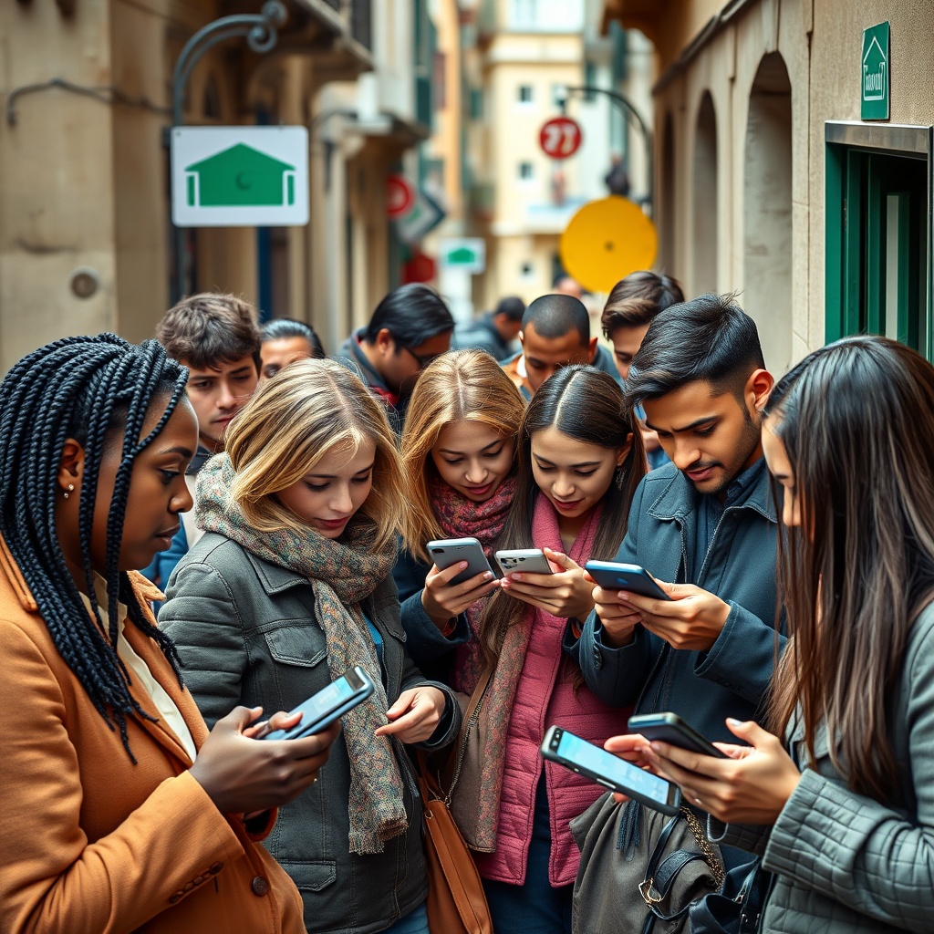 A diverse group of people using mobile banking apps in various European settings, highlighting financial inclusion and neo-banking services.