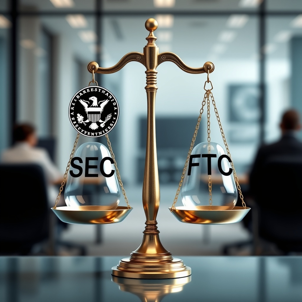 A professional stock photo depicting a balanced scale symbolizing the comparison between SEC and FTC regulatory approaches to AI in financial services, with a modern office background.
