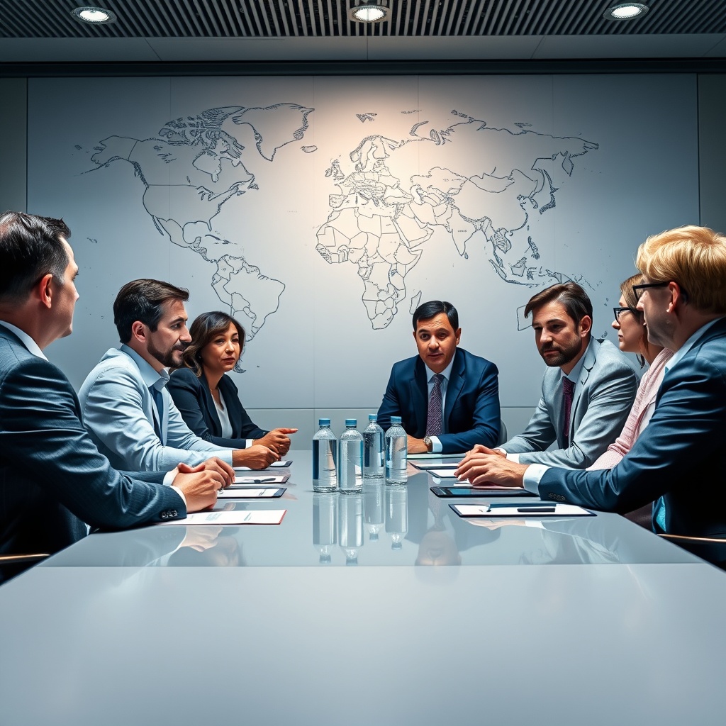 A professional stock photo depicting a global regulatory meeting with diverse representatives around a table, discussing cross-border transaction frameworks, with a world map in the background.