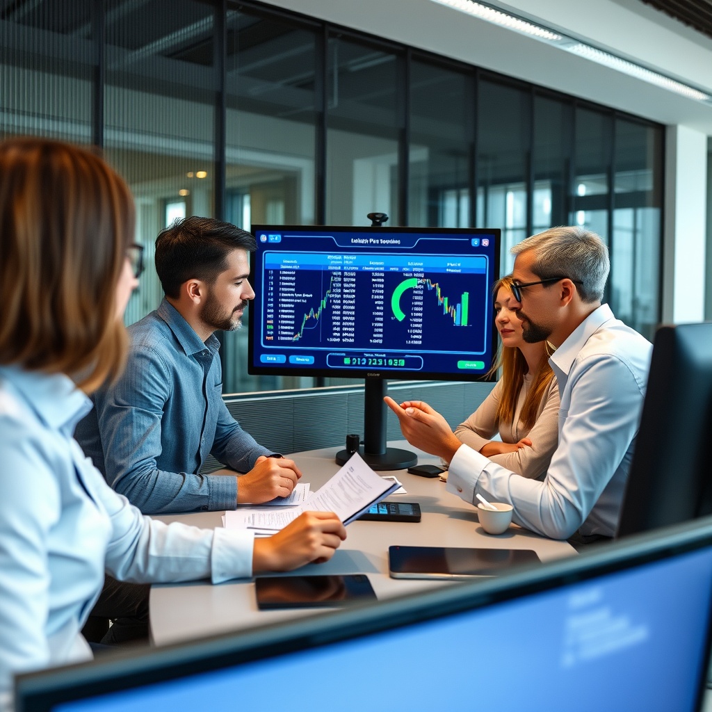 A high-quality stock image showing a team of professionals analyzing cross-border payment processes on digital screens, symbolizing operational challenges and solutions in a modern office setting.