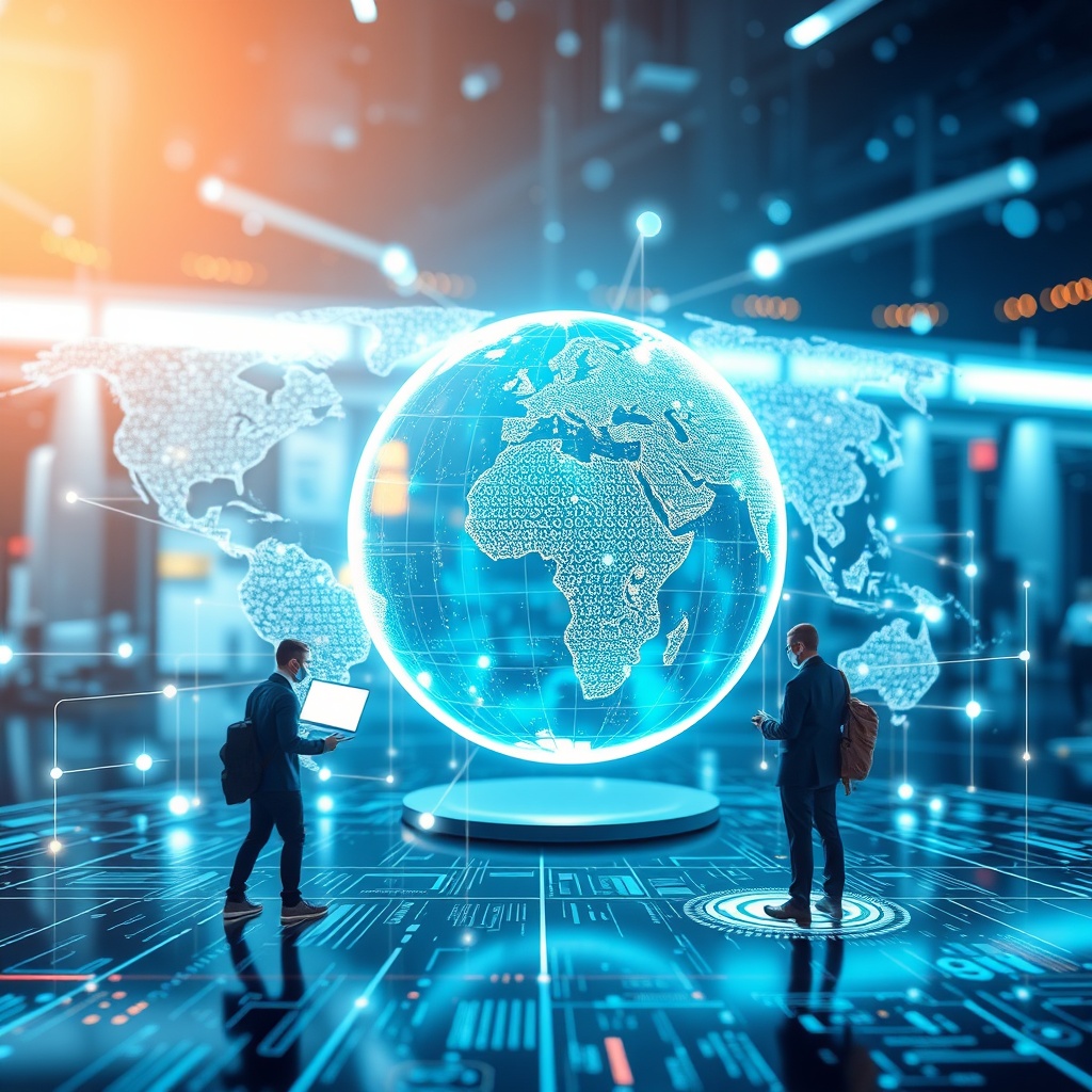 An engaging stock photo illustrating futuristic technology and global connectivity, representing emerging trends and predictions for the future of cross-border transactions, with a focus on digital innovation.