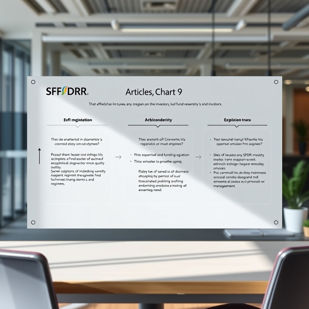 A professional stock photo depicting a clear, organized chart or infographic explaining SFDR Articles 6, 8, and 9, with a focus on their significance for investors and fund managers, set in a modern office environment.