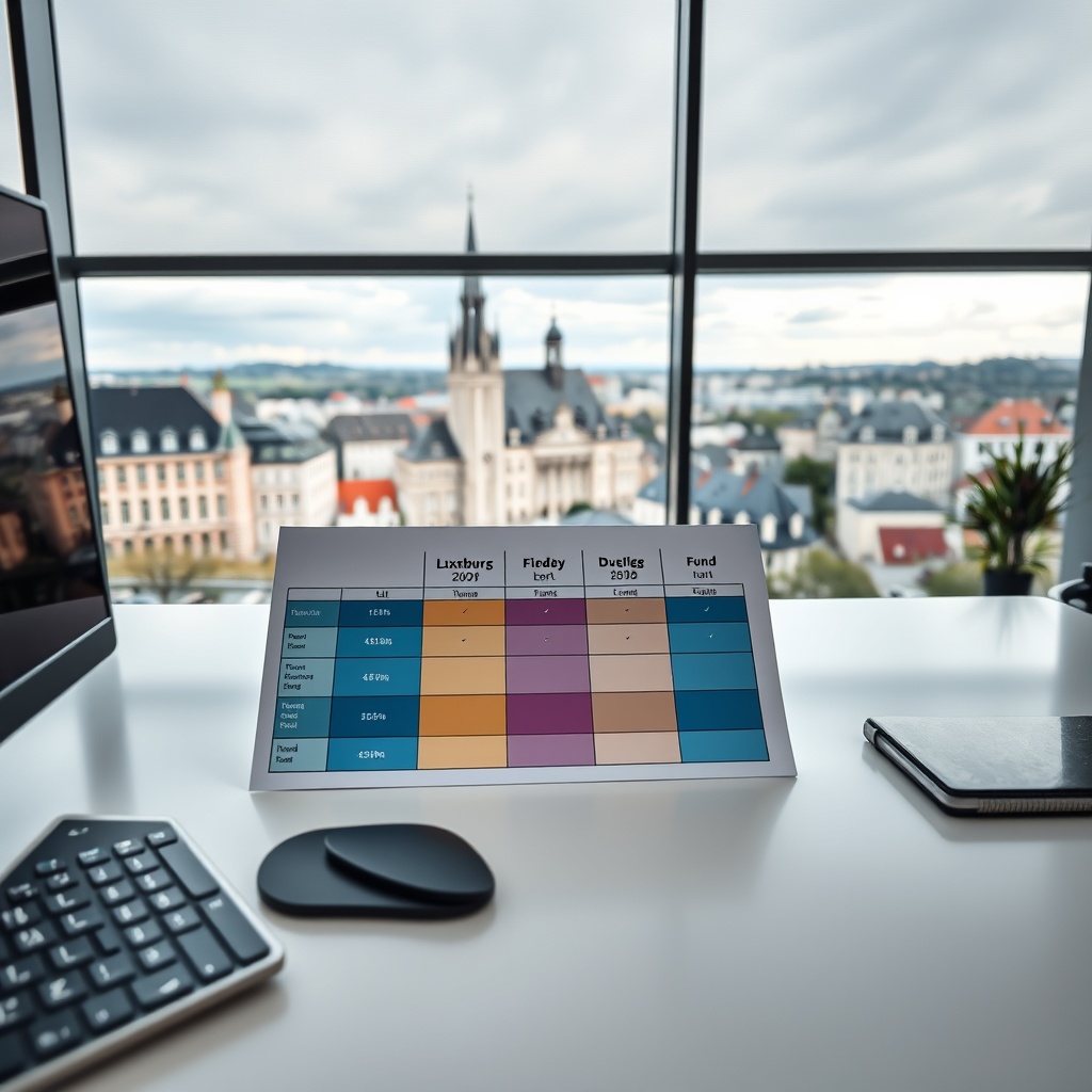 A professional stock photo of a decision-making process with a focus on financial structures, showcasing a comparison chart of different fund types on a sleek, modern office desk with a Luxembourg cityscape in the background.