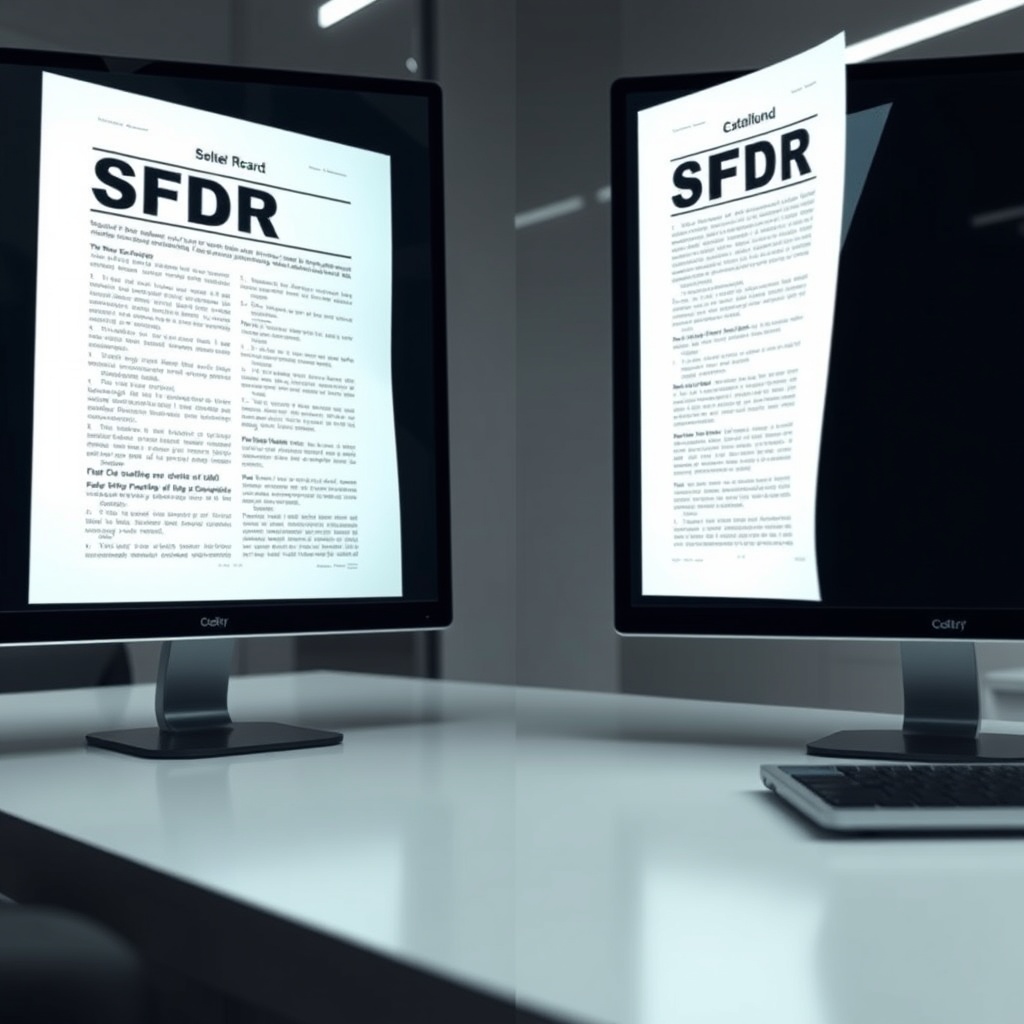 A high-quality stock image showing a side-by-side comparison of documents or digital screens highlighting the differences and similarities between SFDR Articles 6, 8, and 9, in a sleek, professional setting.