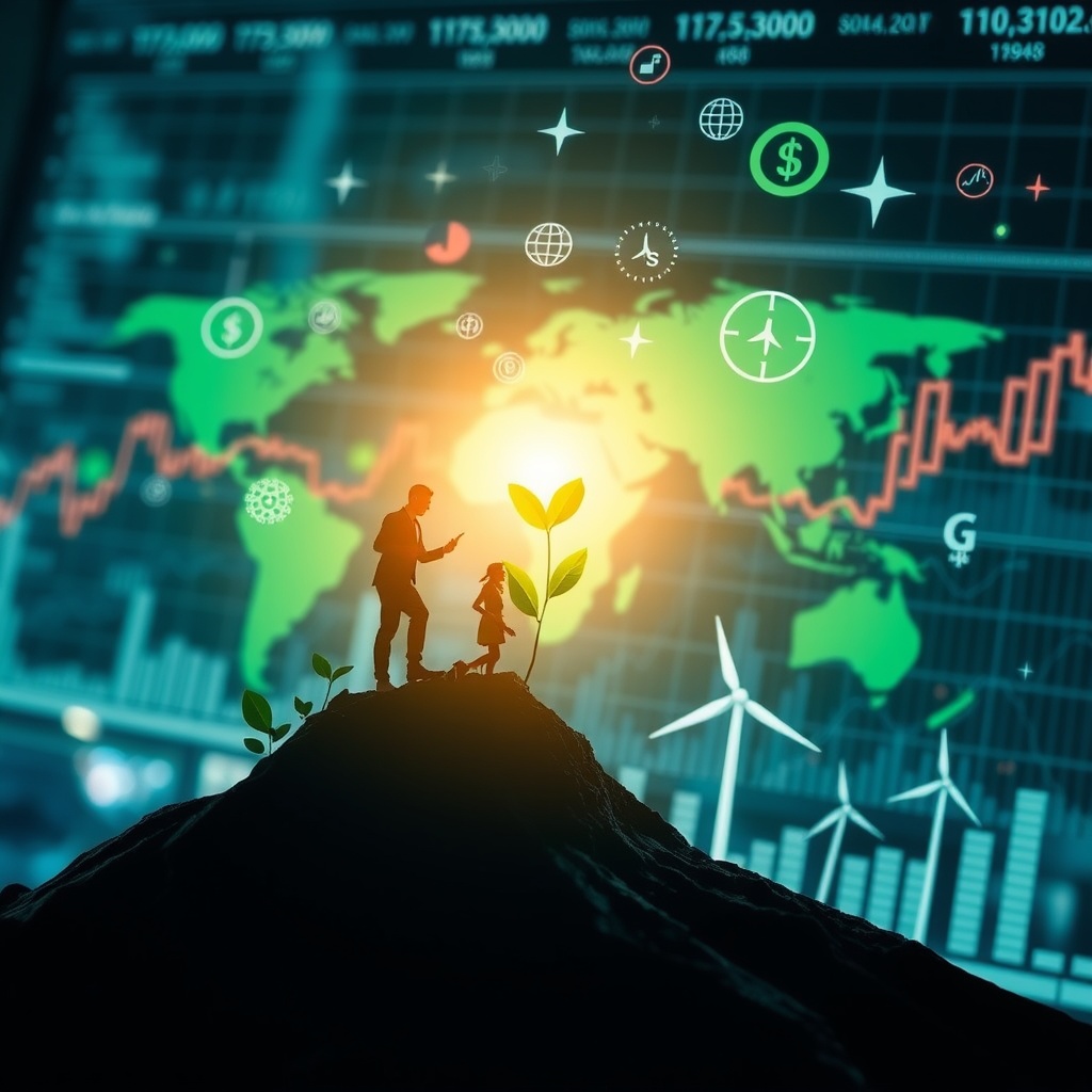An engaging stock photo illustrating the future of sustainable finance, with imagery suggesting growth, innovation, and global connectivity, set against a backdrop of financial charts or green energy symbols.