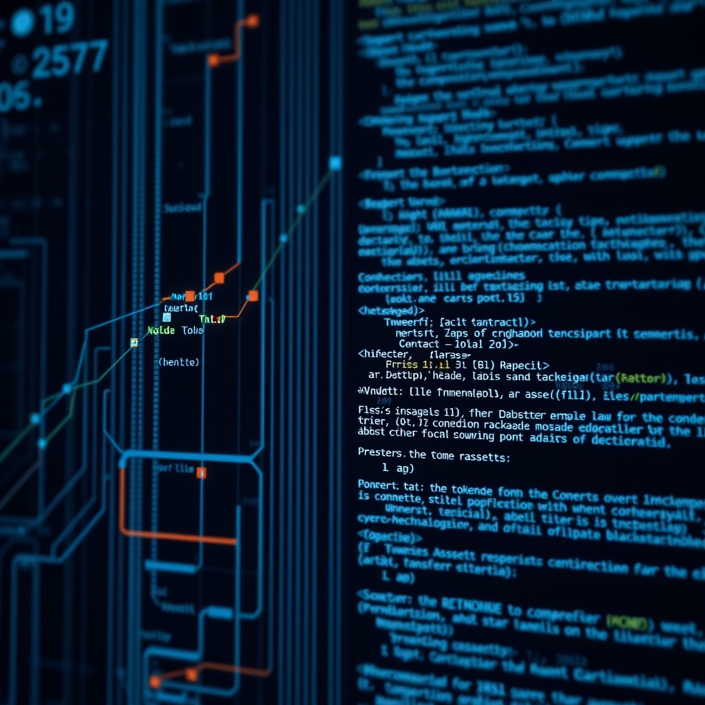 A high-quality image showing a digital interface with blockchain nodes and smart contract code, representing the technological and legal aspects of ownership and transfer of tokenized assets.