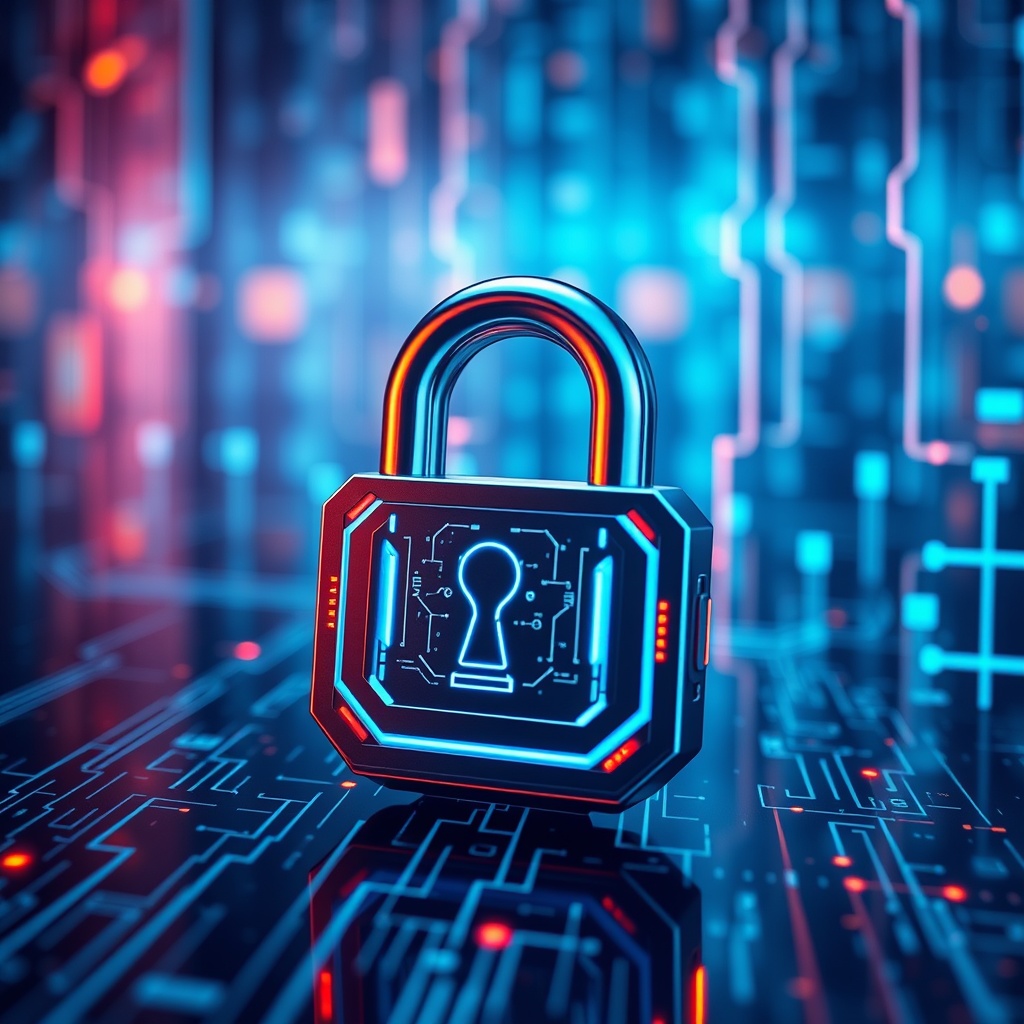 A professional stock photo depicting the concept of intellectual property protection in AI, featuring a futuristic lock symbolizing security and innovation, set against a backdrop of digital data streams.