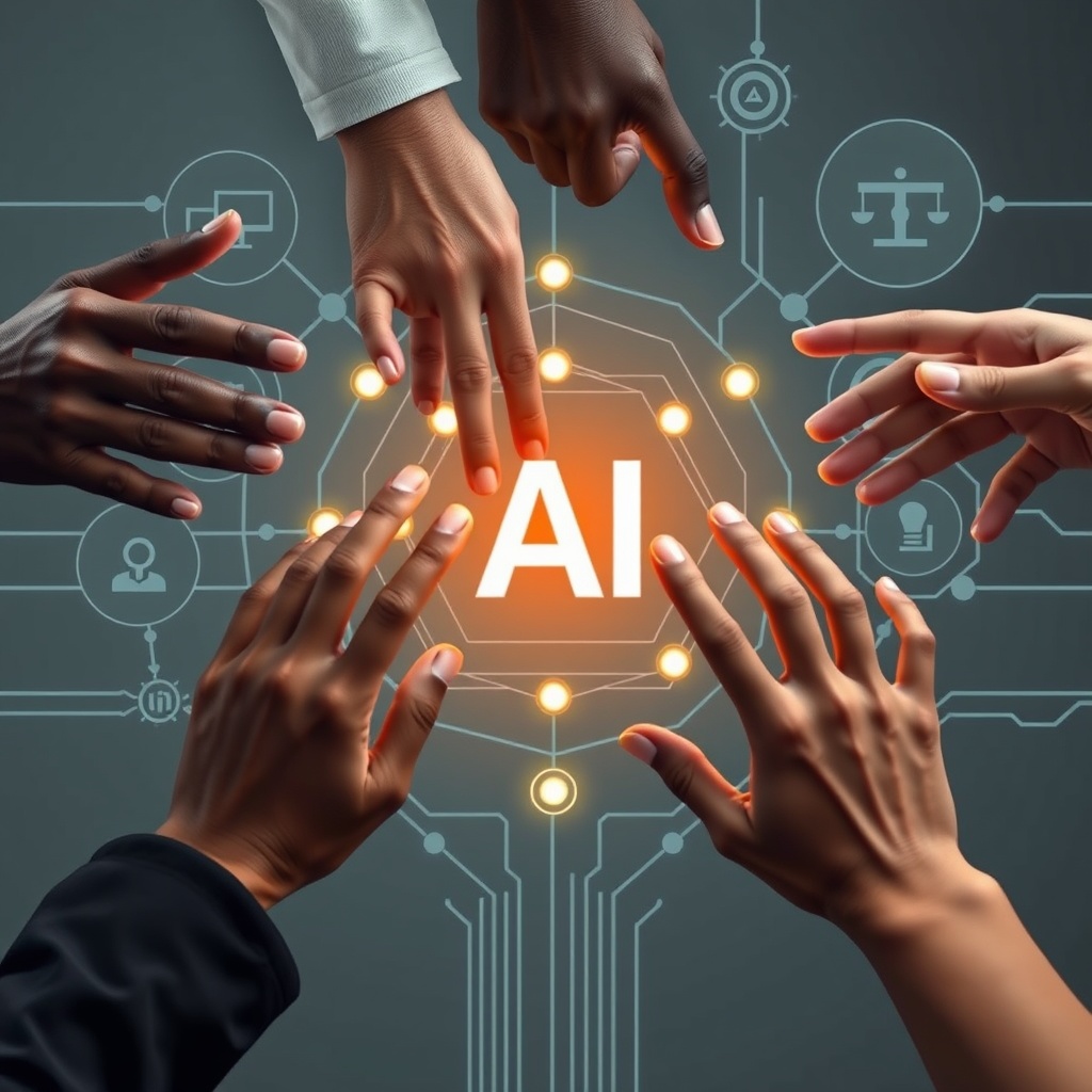 A high-quality stock photo illustrating ethical considerations in AI, showing diverse hands interacting with a transparent AI interface, symbolizing fairness, accountability, and transparency in technology.