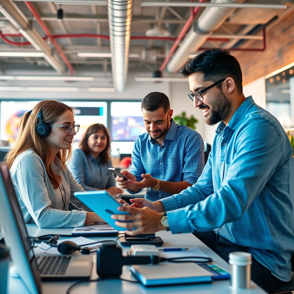 A professional stock photo representing AI startups and innovation, featuring a vibrant startup workspace with entrepreneurs collaborating on AI projects, surrounded by technology and creative energy.