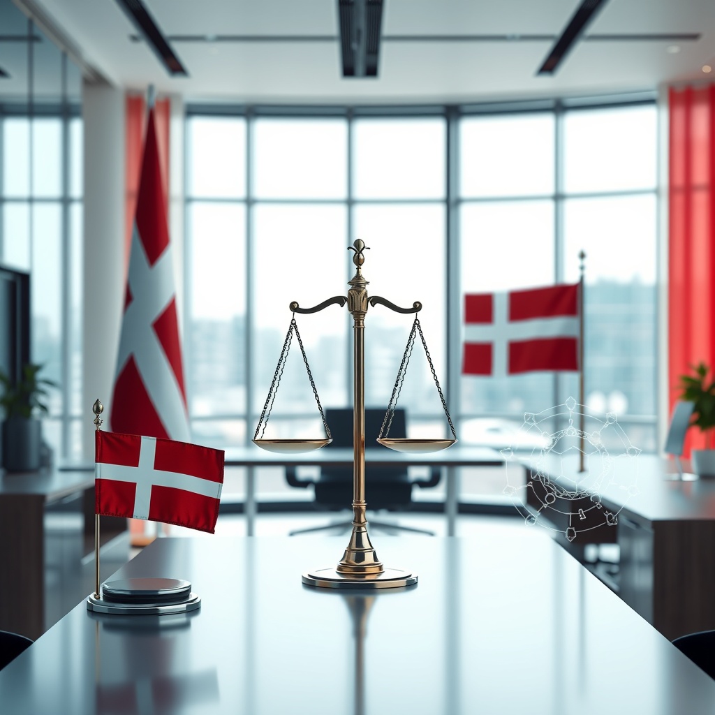 A professional stock photo depicting a modern legal office with Danish flags and AI technology symbols, representing the current rules and guidelines on AI in Denmark.