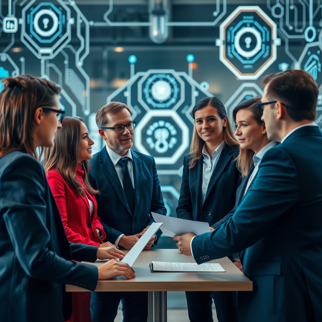 A high-quality stock image showing a diverse group of professionals discussing insurance policies with AI systems in the background, symbolizing insurance and AI in Denmark.