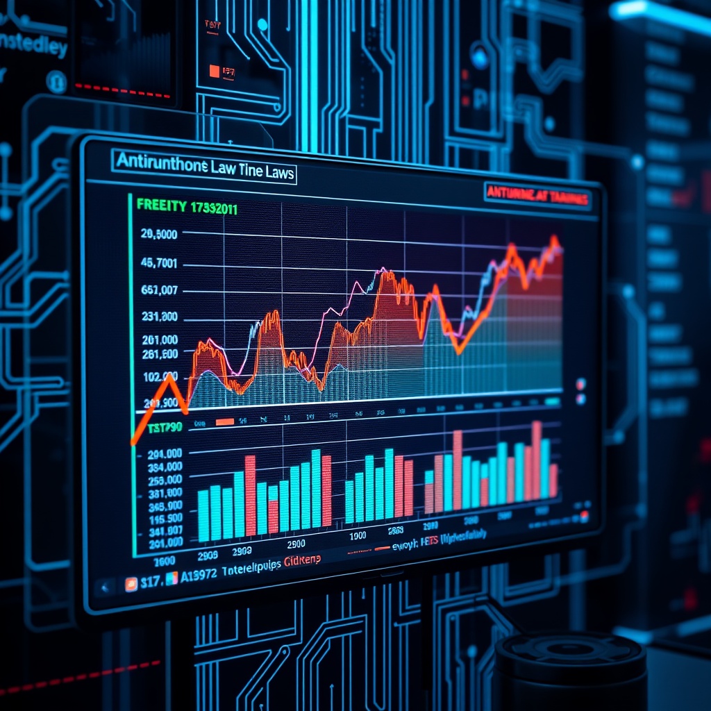A professional stock photo depicting a futuristic AI algorithm analyzing market trends on a digital screen, symbolizing the intersection of AI and antitrust laws.
