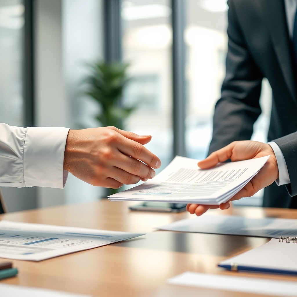 An engaging stock photo illustrating fee structures and profit sharing in finance, with a close-up of hands exchanging documents over a table, highlighting negotiation and agreement in a professional, well-lit office environment.