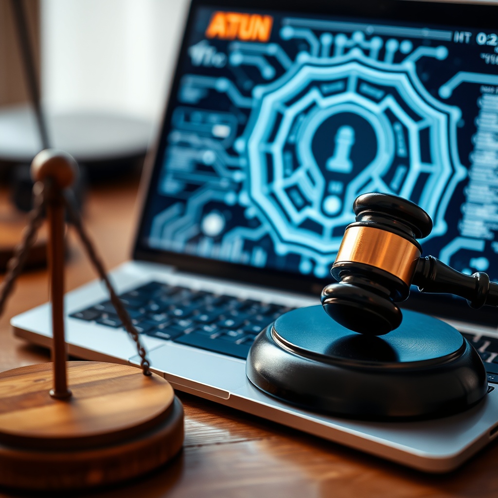 A high-quality stock image showing a gavel and a digital AI interface on a laptop, representing the legal risks for dominant tech platforms using AI.