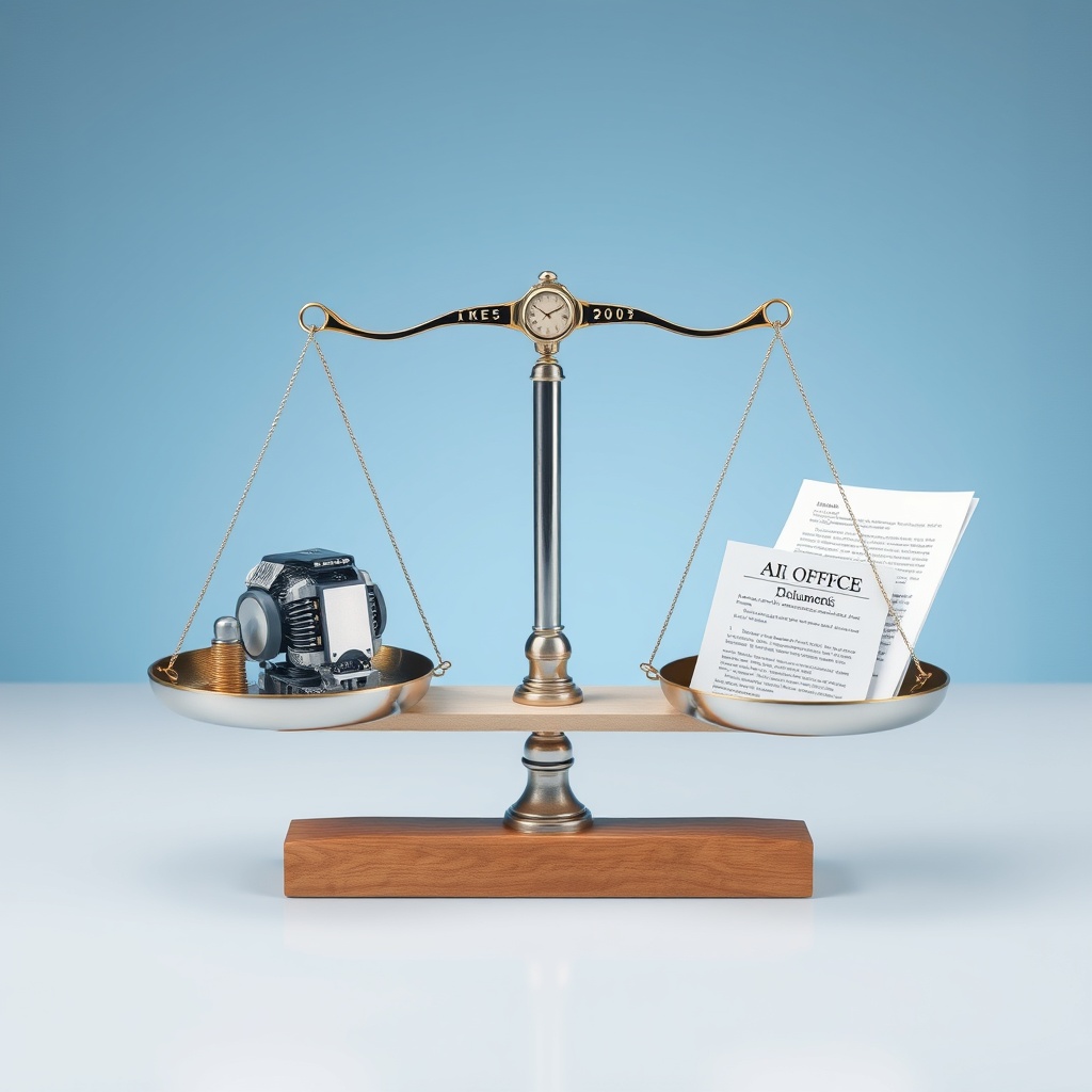 A professional stock image illustrating a balance scale with AI technology on one side and policy documents on the other, representing the assessment of the Executive Order's effectiveness.