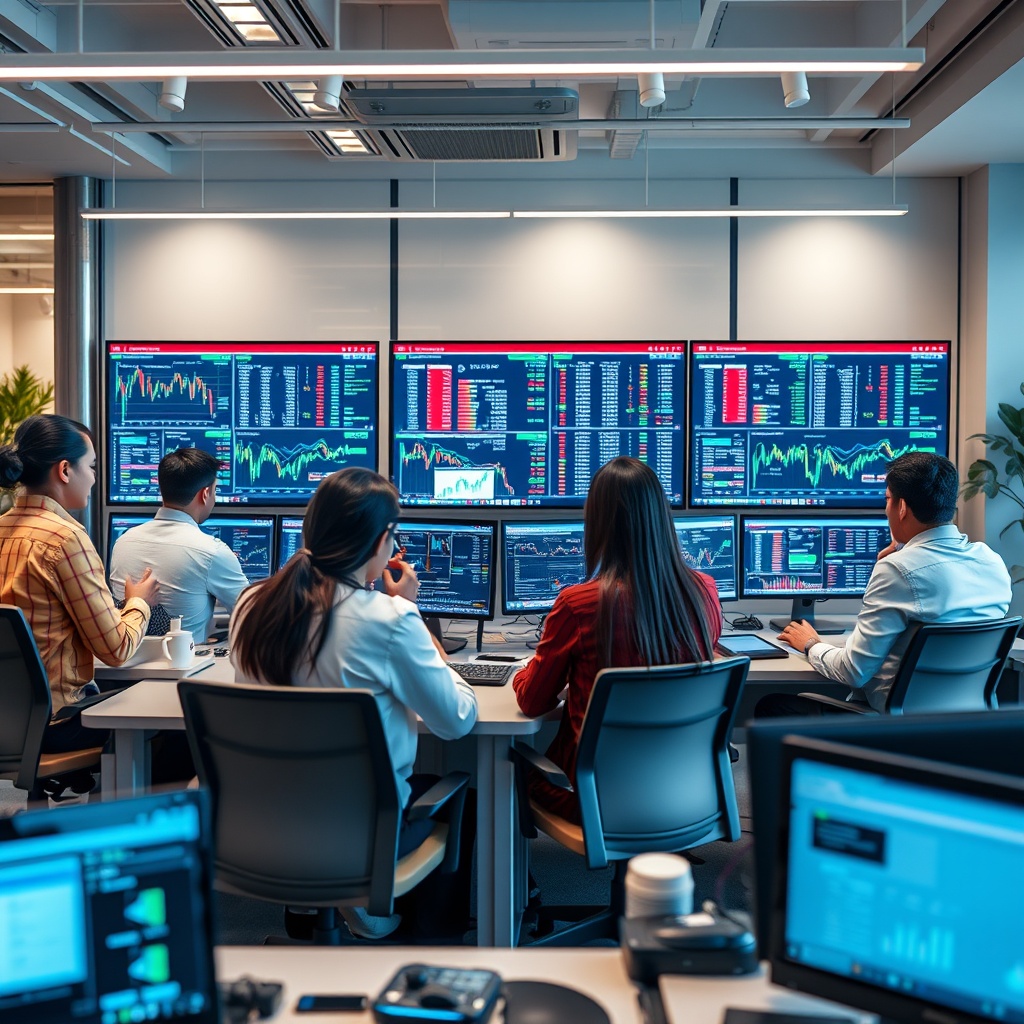 A modern office setting with a diverse team of professionals analyzing financial data on digital screens, representing the providers of robo-advisory services in Asia.