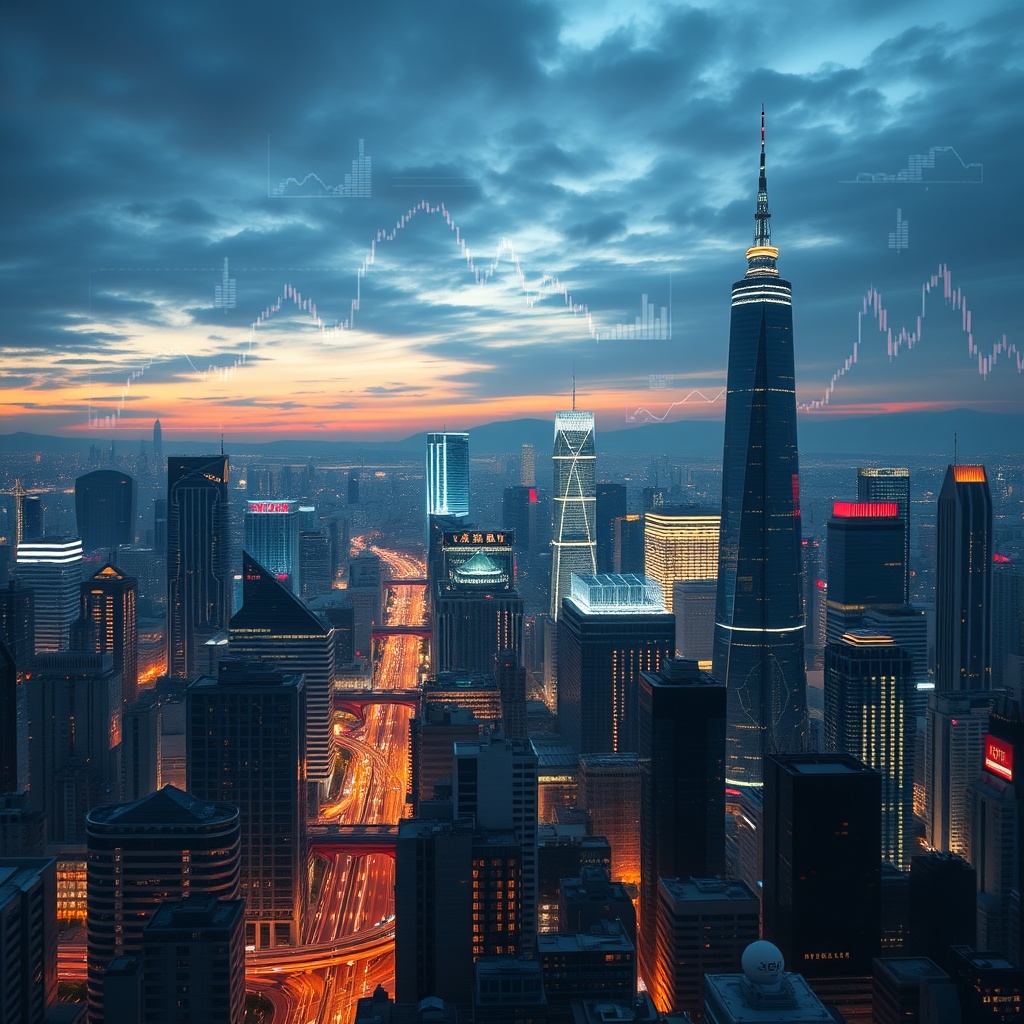 A futuristic cityscape with digital graphs and charts overlaying the skyline, illustrating the market opportunities in Asia for robo-advisory services.