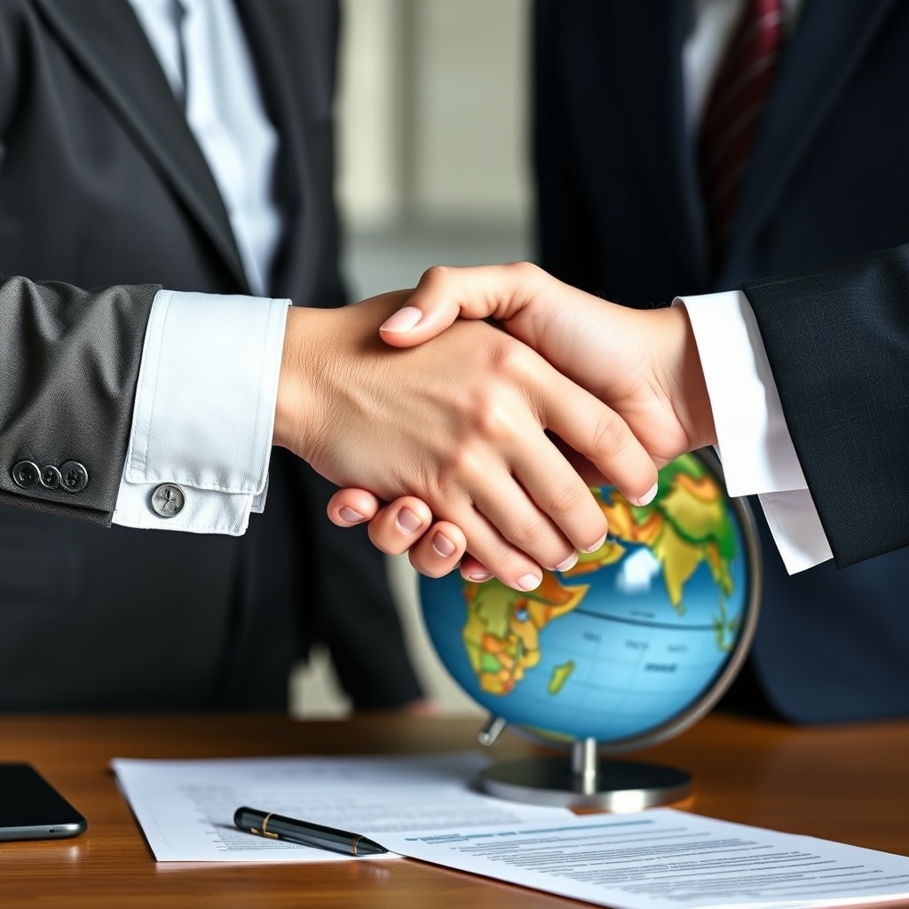 A professional image of a handshake between two business professionals over a table with documents and a globe, symbolizing international tax treaties and agreements.