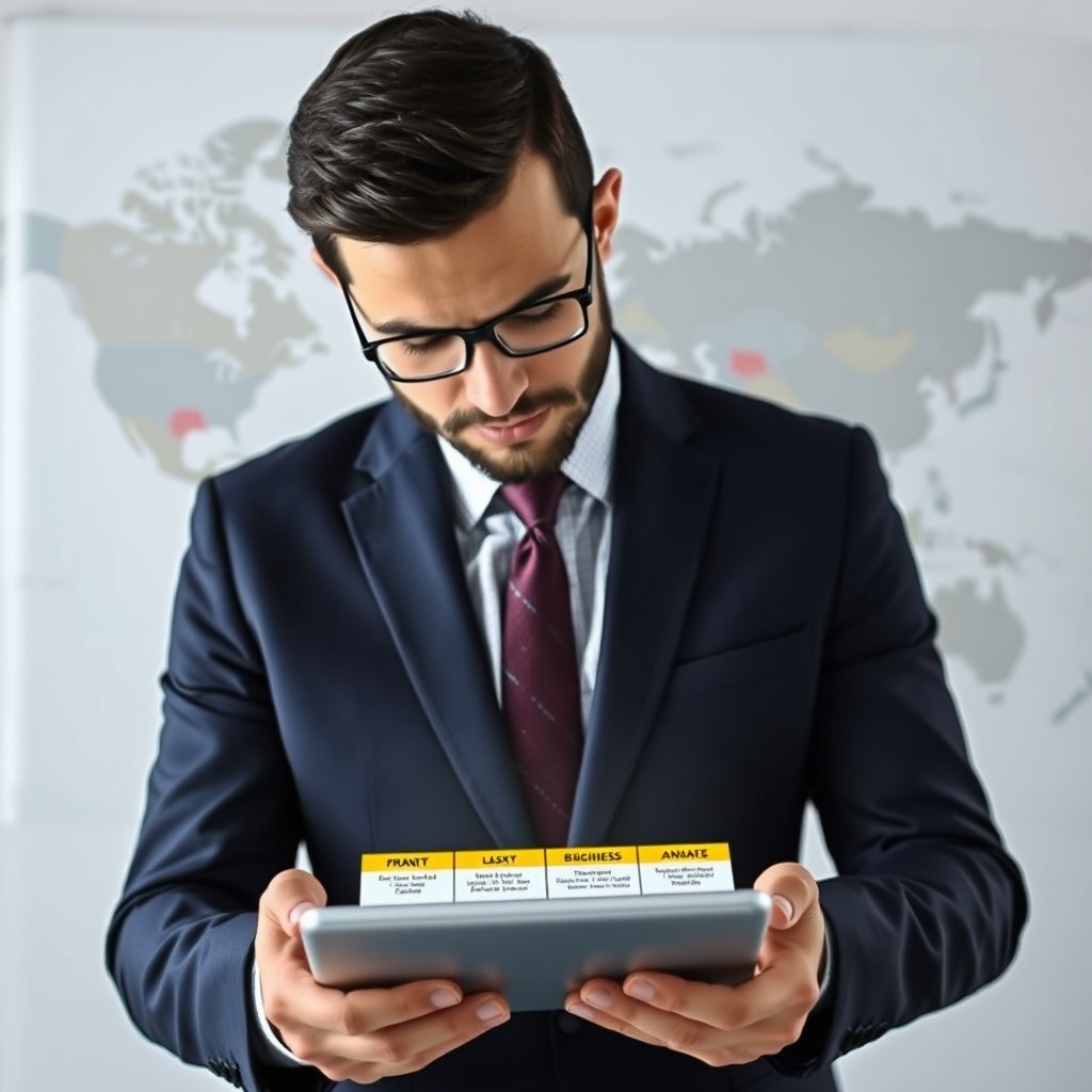 A high-quality image of a decision-making process with a businessman evaluating different international business entity options on a digital tablet, with a world map in the background.