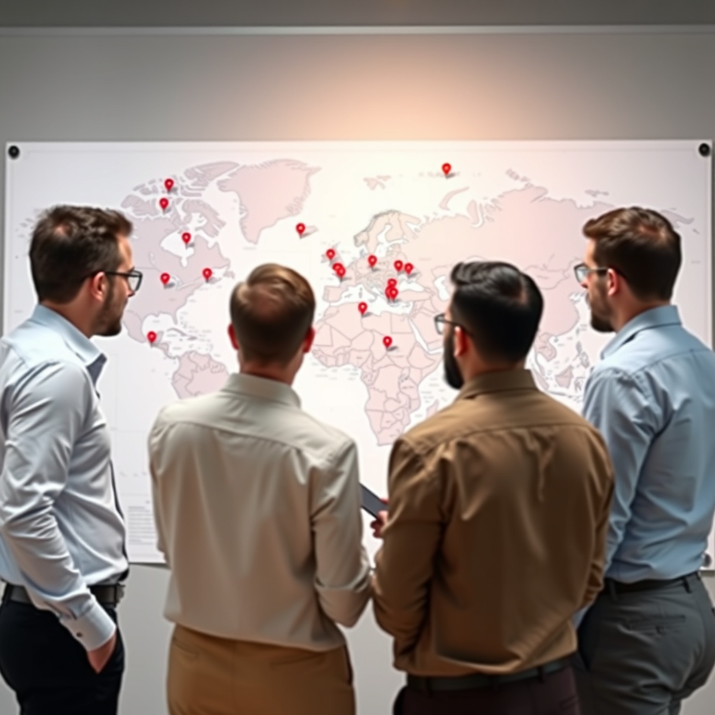 A professional stock photo of a team of experts analyzing a large world map with pins and charts, discussing strategies for foreign expansion and investments.