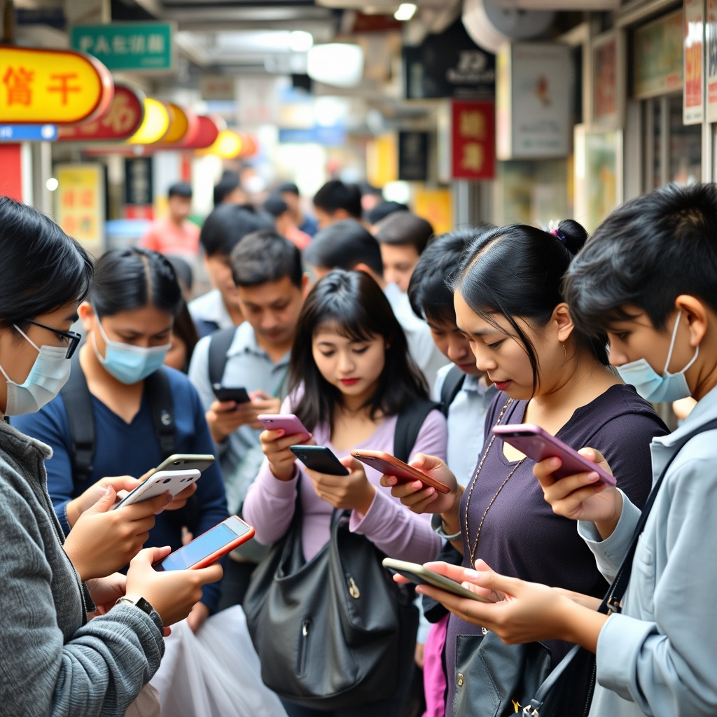 A diverse group of Asian consumers using mobile phones for digital payments in various settings, highlighting the convenience and widespread adoption of digital payment methods.