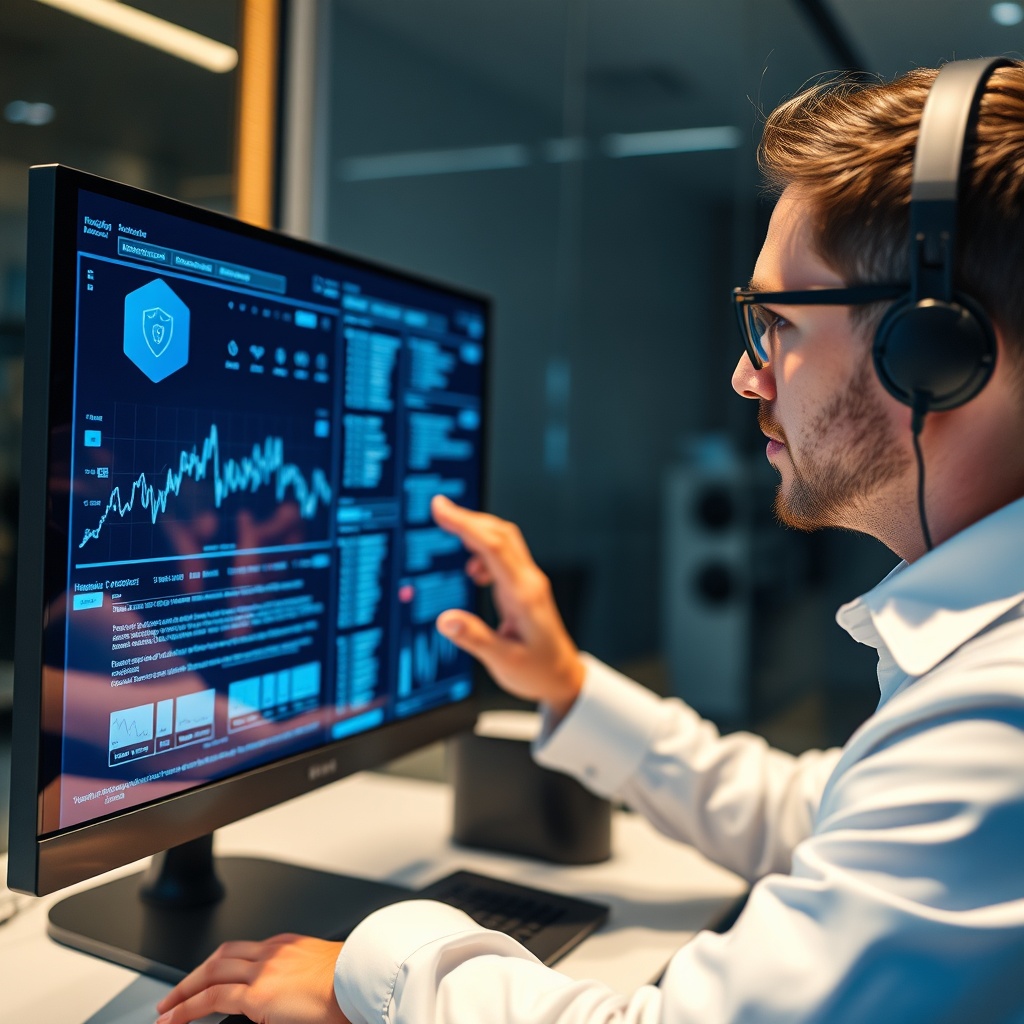 A professional stock photo depicting a cybersecurity expert analyzing digital data on a high-tech screen, representing the growing importance of cybersecurity investments.