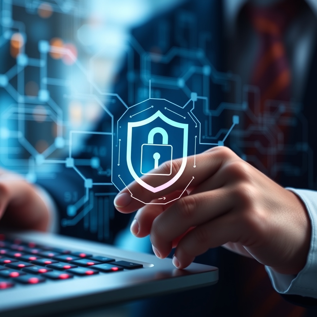 A professional stock photo depicting a secure digital transaction with blockchain technology in the background, symbolizing compliance and security in tokenized securities under MiCA.