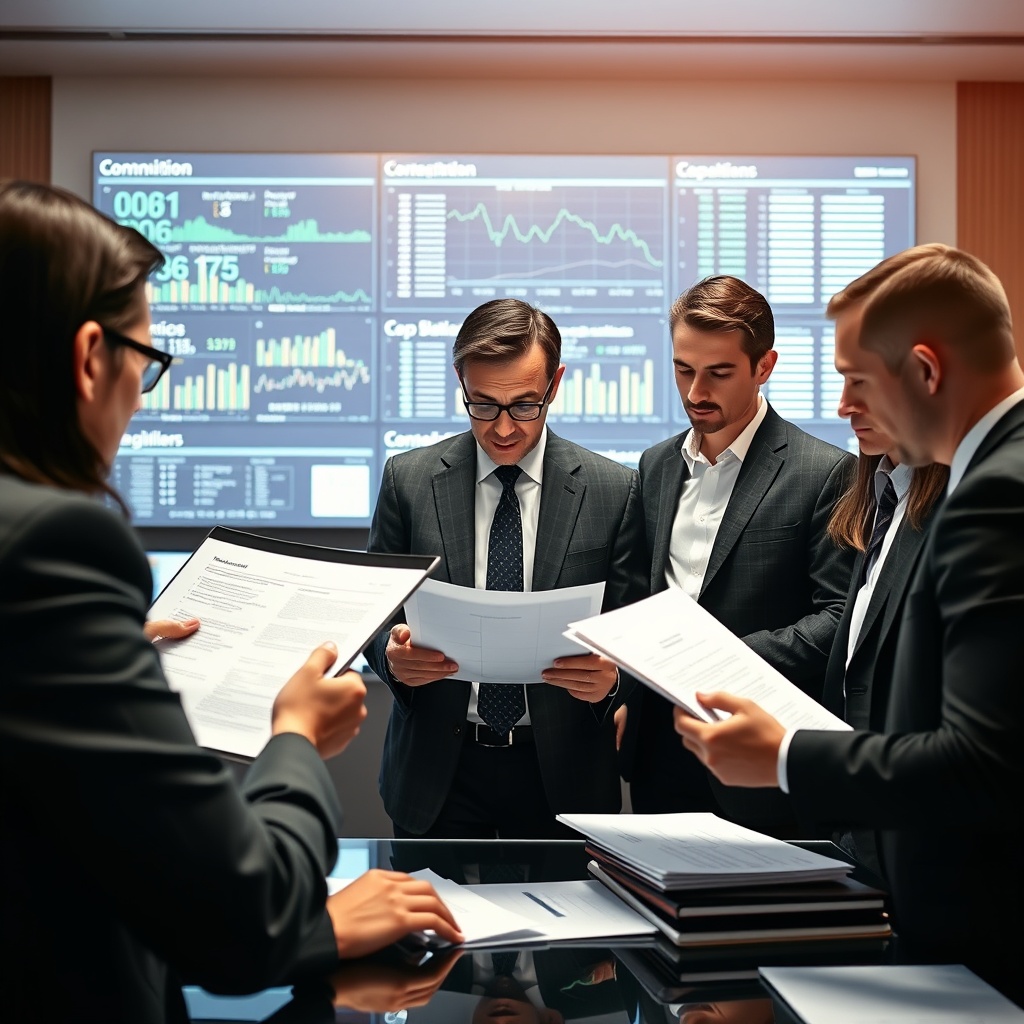 A professional stock photo illustrating a team of experts analyzing regulatory documents and digital screens displaying blockchain data, emphasizing best practices and compliance in tokenization.