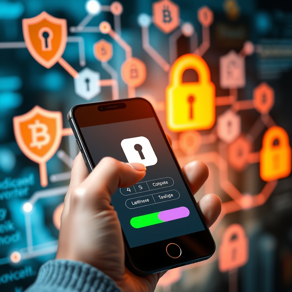 A secure digital payment transaction being processed on a smartphone, with cybersecurity symbols like shields and locks in the background, emphasizing safety and trust in digital payments.