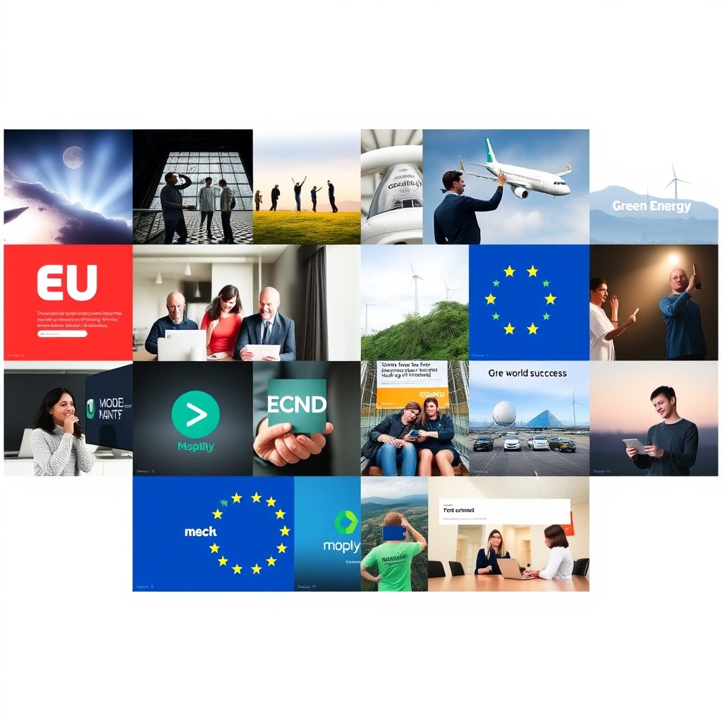 A collage of successful EU crowdfunding campaigns, including technology startups, social enterprises, and green energy projects, illustrating real-world success stories.
