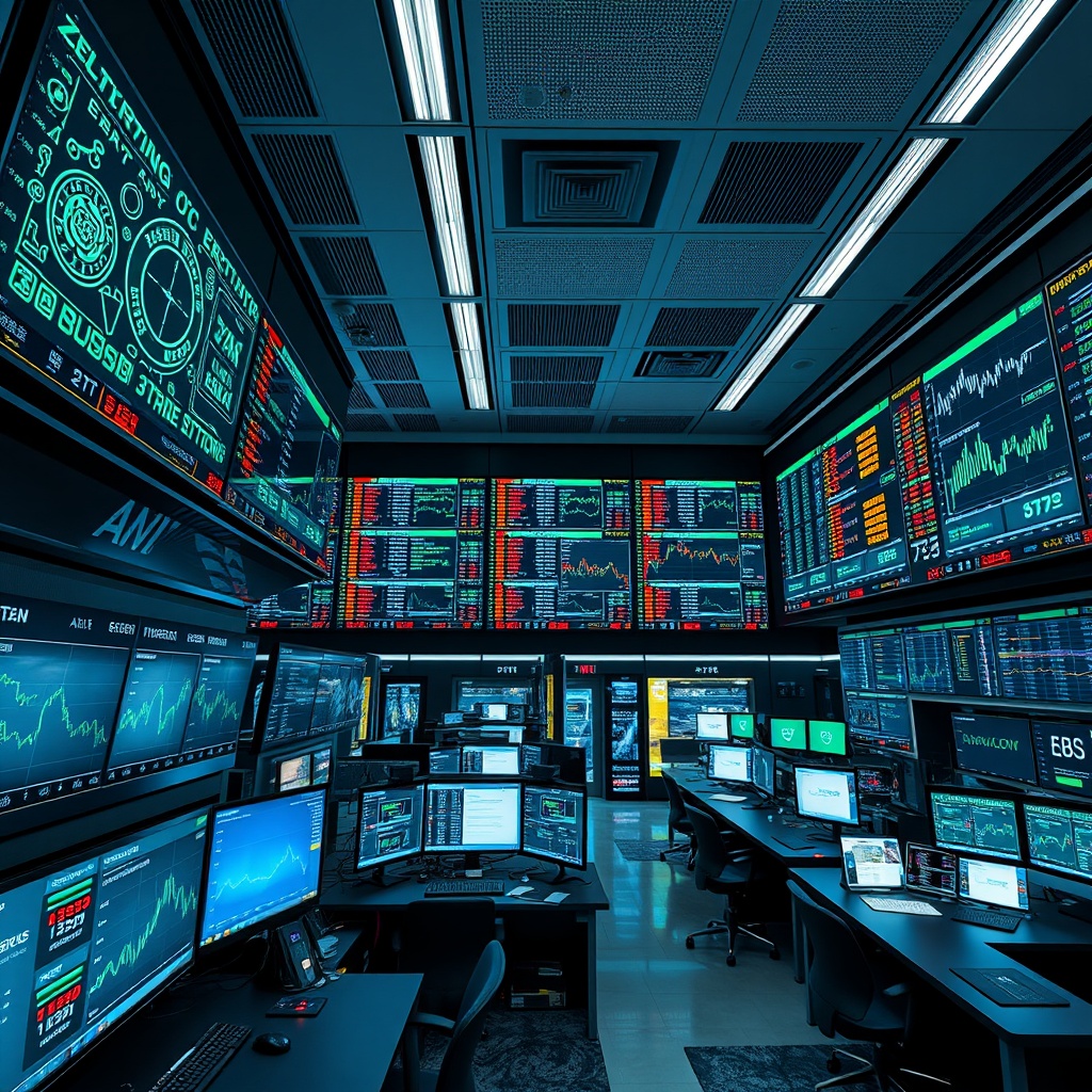 A high-tech trading floor in Asia with multiple screens displaying complex algorithms and AI analytics, symbolizing the benefits of algorithmic trading and AI in capital markets.