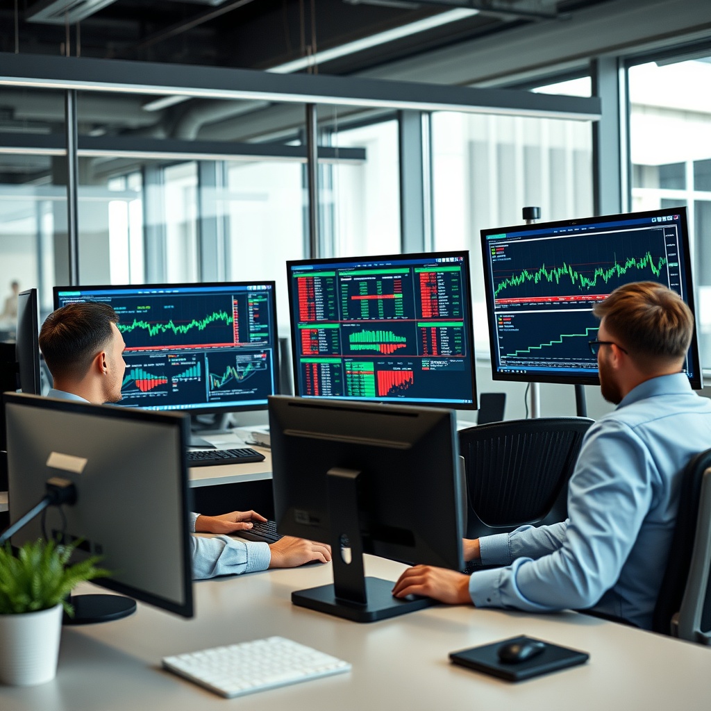 A focused risk management team analyzing data on multiple monitors in a modern office setting, highlighting the importance of risk management in algorithmic trading.