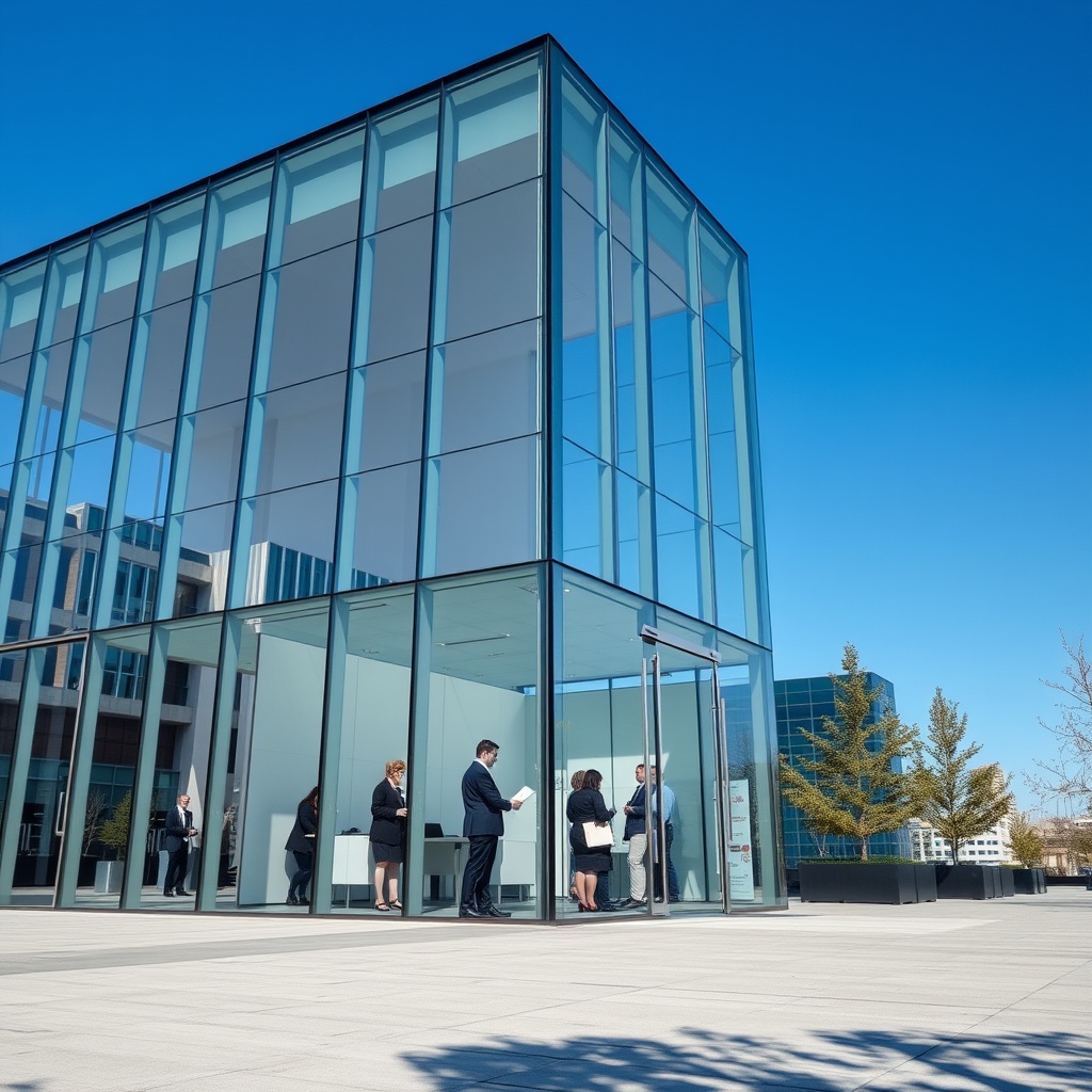 A professional stock photo depicting a transparent glass building symbolizing transparency and disclosure requirements in capital markets, with people in business attire discussing documents inside, under a clear blue sky.