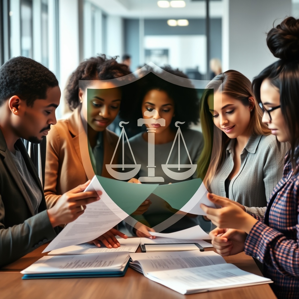A high-quality stock image showing a diverse group of consumers reviewing financial documents with a protective shield overlay, symbolizing consumer finance and protection laws in a modern office setting.
