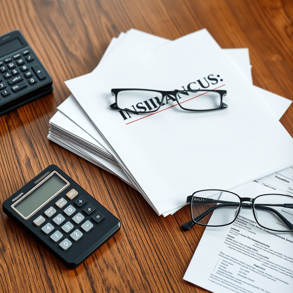 An elegant stock photo featuring a stack of insurance policies and pension fund documents on a wooden desk, with a calculator and glasses, highlighting the regulatory framework for insurance and pension funds.